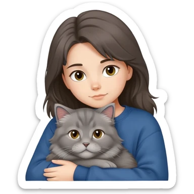 Brunette girl with dark blue sweatshirt snuggling a fluffy grey Siberian cat sticker