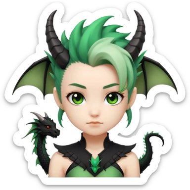 Generate a chibi girl with black dragon features such as horns, wings and a tail she has a black and green gradient mohawk sticker