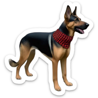 75% Coonhound 25% German Shepherd mix dog wearing small pointed red buffalo plaid bandana side view full body facing left sticker