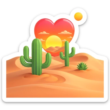 heart-shaped transparent emoji with a desert inside, showing sand dunes, a cactus, and a warm glow, glassy effect sticker