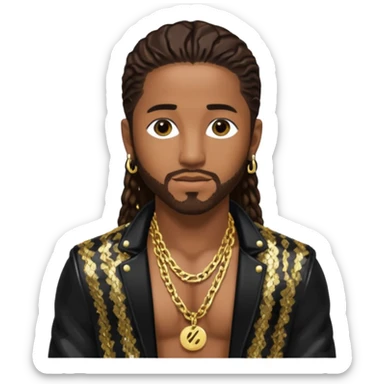 Omarion with long dark brown hair, black sequin jacket, shirtless with necklace sticker