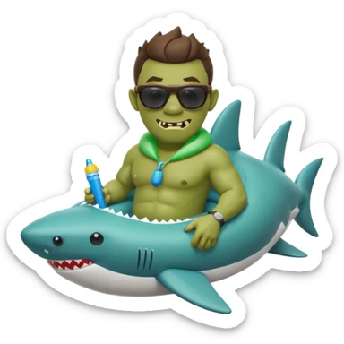 orc male sitting in an inflatable floatie shaped like a shark, wearing oversized sunglasses and a whistle on a neck cord, 2d sticker