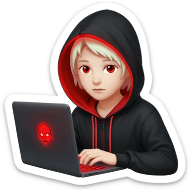 developer behind his laptop with this style : Crytek Crysis Video game neon glowing bright red character red black hooded hacker themed character sticker
