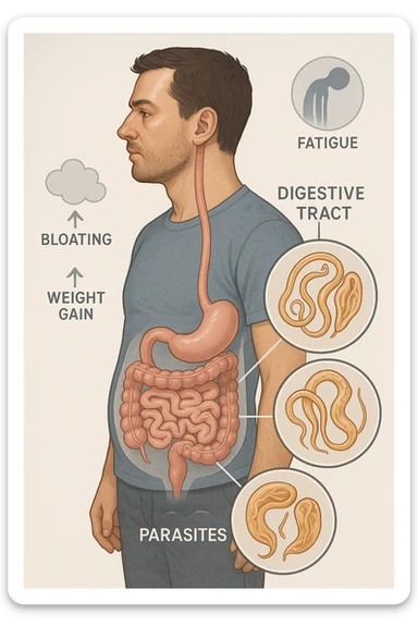 a man stands in profile, with a transparent overlay revealing his digestive tract. Inside his intestines, several enlarged, detailed representations of intestinal parasites are visible. Around the man, subtle arrows or icons indicate symptoms such as bloating, weight gain, and fatigue. The background is clinical and educational, with clear labels for anatomy and parasites. sticker