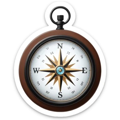 Clear glass orb with black compass needle pointing right, suspended by thin brown leather cord, bright white glowing dial face with dark rim sticker