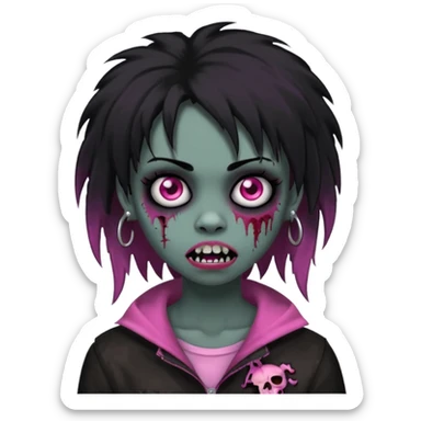 girl, zombie, black coily hair, medium long, emo, shaggy, dark, spooky, piercing on eyebrow, pink teeth, creepy blank expression sticker