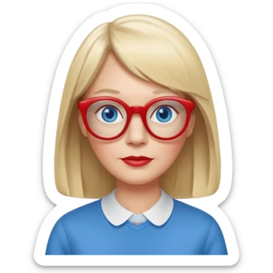 50 yr old white woman, pale skin, long straight blond hair parted in center, blue eyes, bangs, clothes for school, big red glasses, oval face, long face sticker