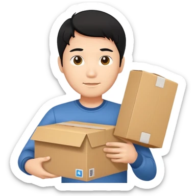 black haired asian man holding cardboard box sticker
