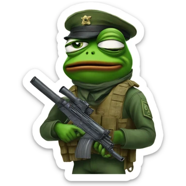 pepe le frog with soldier gear and a gun looking traumatized  sticker