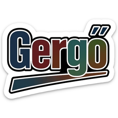 Gergő name in masculine, modern gradient font with precise Hungarian characters (long ő), dark outline, extra bold, prominent white letter border, dynamic slanted underline, masculine color gradient (blue, gray, burgundy, green, brown), 1000x1000 px, PNG, transparent background sticker