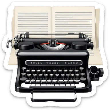 Create an emoji representing screenwriting. The design should feature an open script with visible dialogue and action lines, symbolizing the writing of a screenplay. Include a classic typewriter to signify the process of creating a script and a movie camera behind . Use a professional color palette with black, white, and subtle metallic tones. Do not include any emojis or smiley faces. Make the background transparent. sticker