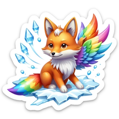 A cloud-dwelling creature made of vapor and static electricity, shaped like a winged fox that leaves rainbow trails as it flies and can condense parts of itself into water or ice projectiles. sticker
