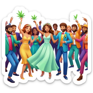 Wedding guests dancing on dance floor with cannabis, colorful party atmosphere, disco lights, cheerful cartoon style sticker