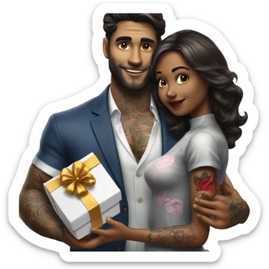 Hyper Realistic beautiful woman receiving a gift and a box of chocolates from a handsome tattooed man  sticker