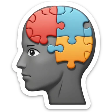 Minimalistic flat vector icon, iOS style, thin black contour on white background. Human head profile with a brain inside, split into puzzle pieces. No text, no shadows. sticker