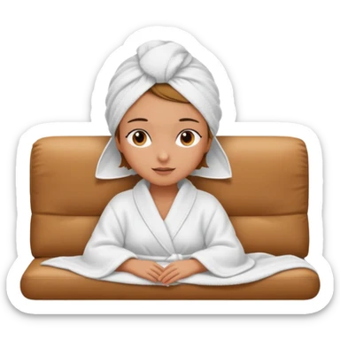 spa A contented and relaxed girl with a towel on her head in a white robe lies on a couch. The icon displays the couch and the girl in full three-quarter view. sticker