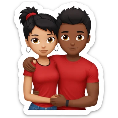 generate a pretty tan bratz boy hugging a fair black haired gf. The guy has black messy hair, lean but muscled and wearing a red tshirt sticker