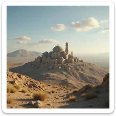 A small hilltop mesa city in the videogame dayz, screenshoot  sticker