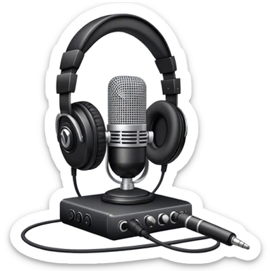 Create a sleek and professional emoji that represents voice acting and dubbing equipment. The design should feature a high-quality microphone, a sound mixer or audio interface, and headphones to symbolize the recording and technical process. Include elements like a soundproof booth or audio cables to reflect the studio environment. Use a modern, clean design with colors like silver, black, and dark blue to represent the professional side of voice acting. The background should be transparent. sticker