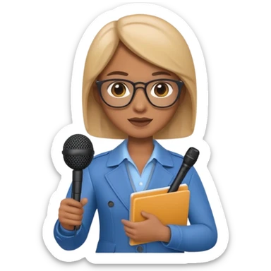 Apple Memoji-style 3D emoji of a journalist holding a microphone and notepad, smooth gradients, rounded shapes, no background. sticker