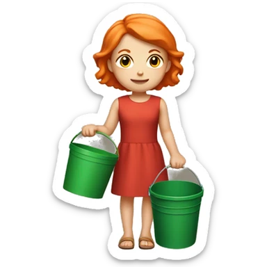Small white skinned young girl with short orange hair wearing a red dress, standing holding a green bucket  sticker