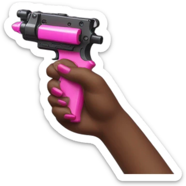 brown hand with pink nails holding large scary dark water gun sticker