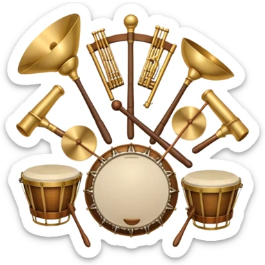 Create a heraldic, festive, and professional emblem-like emoji representing percussion instruments. The design should resemble a traditional crest, featuring a range of percussion instruments like cymbals, triangle, tambourine, maracas, timpani, and other traditional and folk percussion instruments. Arrange them symmetrically, with elements like cymbals crossing each other, a triangle at the center, and timpani or drums flanking the sides. The instruments should be depicted with metallic and wooden tones—shiny brass for cymbals, silver for the triangle, and rich wood or polished bronze for drums. Include ornate details like engraved patterns on the instruments, decorative swirls or laurels, and subtle accents to add elegance and festivity to the composition. The overall design should be cohesive, balanced, and visually striking, suitable for use as a prestigious emblem. The background should be transparent. sticker