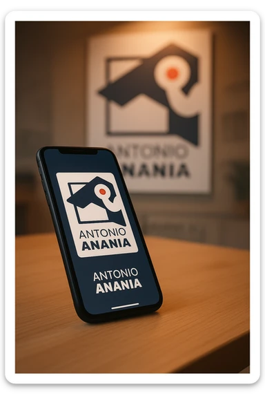 A photo of an iPhone on the desk with the logo of "Antonio Anania" on its screen, The phone sits atop a desk with a blurred with the logo in the background that suggests work environment. A faint glow from above casts gentle shadows across the surface of each object, creating depth and highlighting their textures sticker