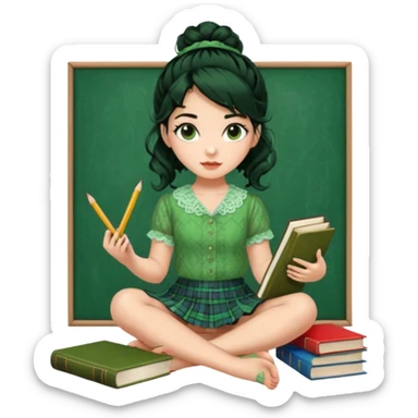 A beautiful girl wears a green lace blouse with short sleeves and a green lace skirt with a plaid pattern. Her long, curly black hair is styled in a messy bun. She holds books and crayons in her hands, and she is barefoot, sitting cross-legged on the floor. The illustration style is pop art. sticker