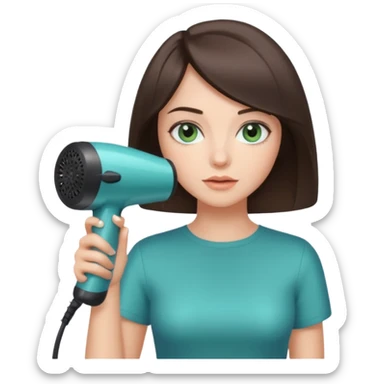 brunette bob girl hair stylist with blue green eyes holding a hair dryer sticker