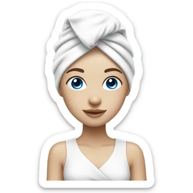 fair skinned girl white towel on head and skin care mask on face blue eyes sticker