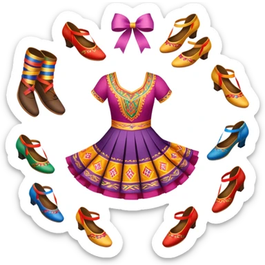 Icon for Folk Dance: close-up traditional dance dress, shoes, colorful folk costumes and a dance circle with ribbons. The icon should represent the vibrant and cultural aspects of folk dancing. Transparent background. sticker