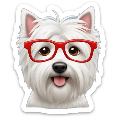 Hombre pelo de punta y gafas rojas con un perro westie sticker