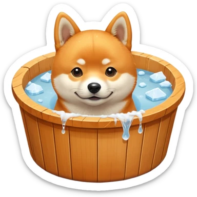 ice bath with a dog in id from wood round. write ice bath  on the ice bath and make it high quality. the dog is a shiba inu. the ice bath has a lot of ice and on the floor sticker