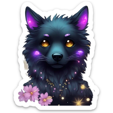 Black iridescent fluffy dog fox head zombie skeleton gold mechanical nebula galaxy stars colorful flowers fairy lights vintage sticker