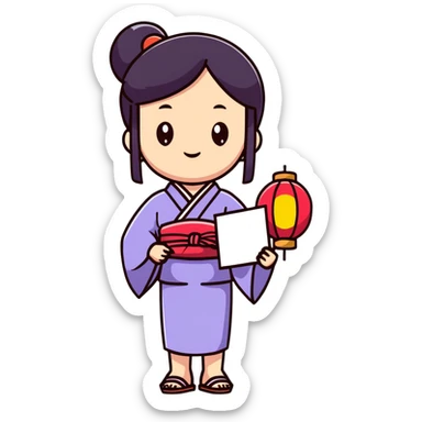 Cute Japanese high school girl in yukata at school summer festival with paper lanterns sticker