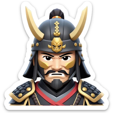 clash-of-clans-aesthetic_-cinematic-fearsome-and-majestic-samurai-bust-portrait-emoji, rendered in a flat, vector-style with minimal shading and bold, simplified shapes typical of emoji art, depicting a battle-hardened samurai with black mask and traditional black Japanese armor. The samurai is riding a noble grey warhorse adorned with an intricately designed saddle and fluttering banners and a rising sun. a samurai riding on a  horse zoomed in sticker