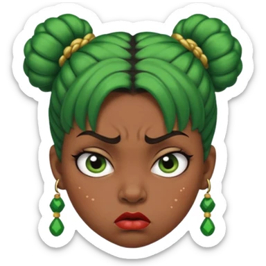 Create a 3D cartoon-style girl character with dark skin, round face, angry expression, big wide eyes, and tightly styled double buns made of green beaded hair. The girl should look irritated, eyebrows sharply angled, and lips pressed in a frown. sticker