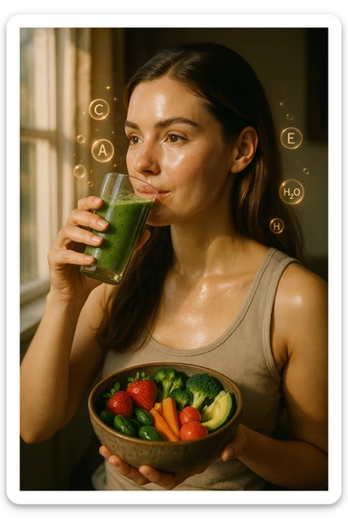 A highly realistic, cinematic portrait of a young woman in her late 20s with glowing, clear, healthy skin and a vibrant scalp with strong, shiny hair, symbolizing internal health reflecting outward. She has a calm, confident expression while sitting by a window with warm daylight softly illuminating her face, highlighting smooth, hydrated skin with a natural glow. Her hair appears clean, full, and strong, indicating a healthy scalp and balanced sebum production. She is drinking a glass of green smoothie rich in antioxidants and holding a bowl of colorful fruits and vegetables, symbolizing how internal nutrition supports skin and scalp health. Subtle, softly glowing overlays of molecular symbols for vitamins, minerals, and hydration molecules gently swirl around her, visually representing the concept of beauty and skin health from the inside out. Style: 35mm hyperrealistic film look, warm tones, soft depth of field, focusing on clear skin texture, healthy scalp, and vibrant hair to inspire holistic wellness sticker