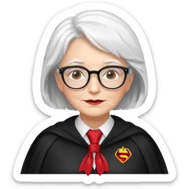 An older woman with glasses and white hair, in a red tie and black cape sticker