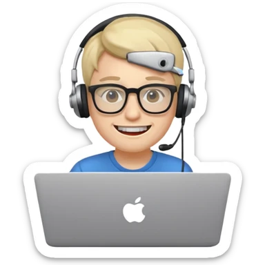 programmer with protruding teeth and glasses, sitting behind a laptop, simple, clear sticker