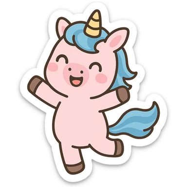 kawaii pink unicorn with blue hair, joyful pose sticker
