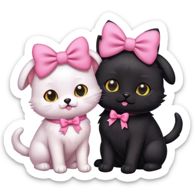 Dog with a black cat and pink bows on their heads  sticker