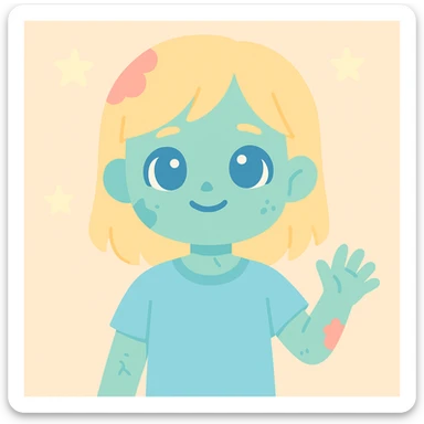 cute zombie boy with long blond hair blue eyes subtle decay details soft friendly style sticker