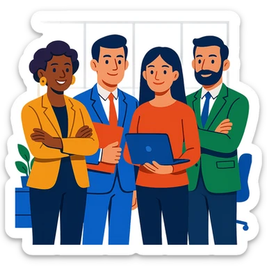 agency team, professional group, modern office, diverse people, clean background, vibrant toon style sticker