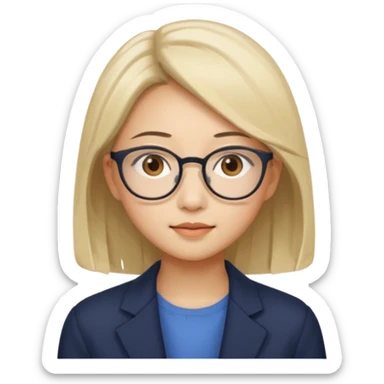 asian looking female with slight blonde hair a little longer  with eye glasses, fair complexion not that pointed nose but slighty little eye please make the hair longer shoulder length make the hair more longer sticker