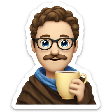 brown hair blue eyes moustache and Soul patch pale guy with glasses drinking tea with blanket on sticker