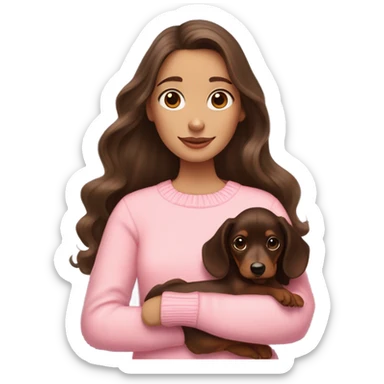 Dark Brunette white girl with long wavy hair in a pink sweater holds a dark brown and cream dachshund long-haired puppy in her arms sticker