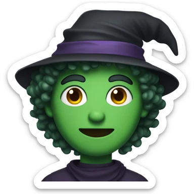 Man with green skin and curly hair wearing a witch hat sticker