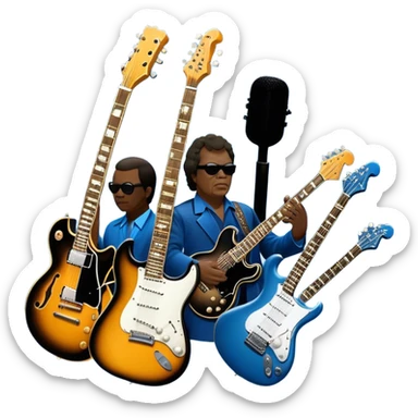 Icon for Blues Music: collage of legendary blues artists. Gary Moore, Eric Clapton, B.B. King and Joe Cocker. Represented by silhouettes or symbolic items like guitars, microphones, or music notes, reflecting the soulful energy of blues music. Transparent background. sticker